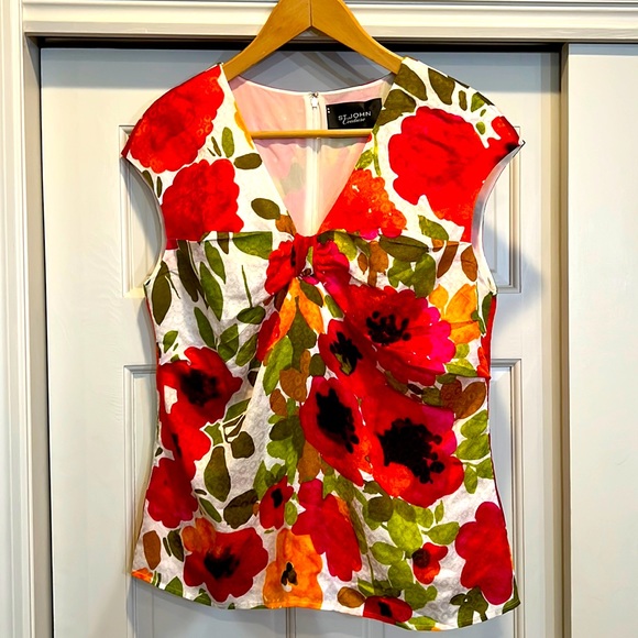 St. John Couture sleeveless silk and wool blend sleeveless floral shirt - Picture 2 of 11